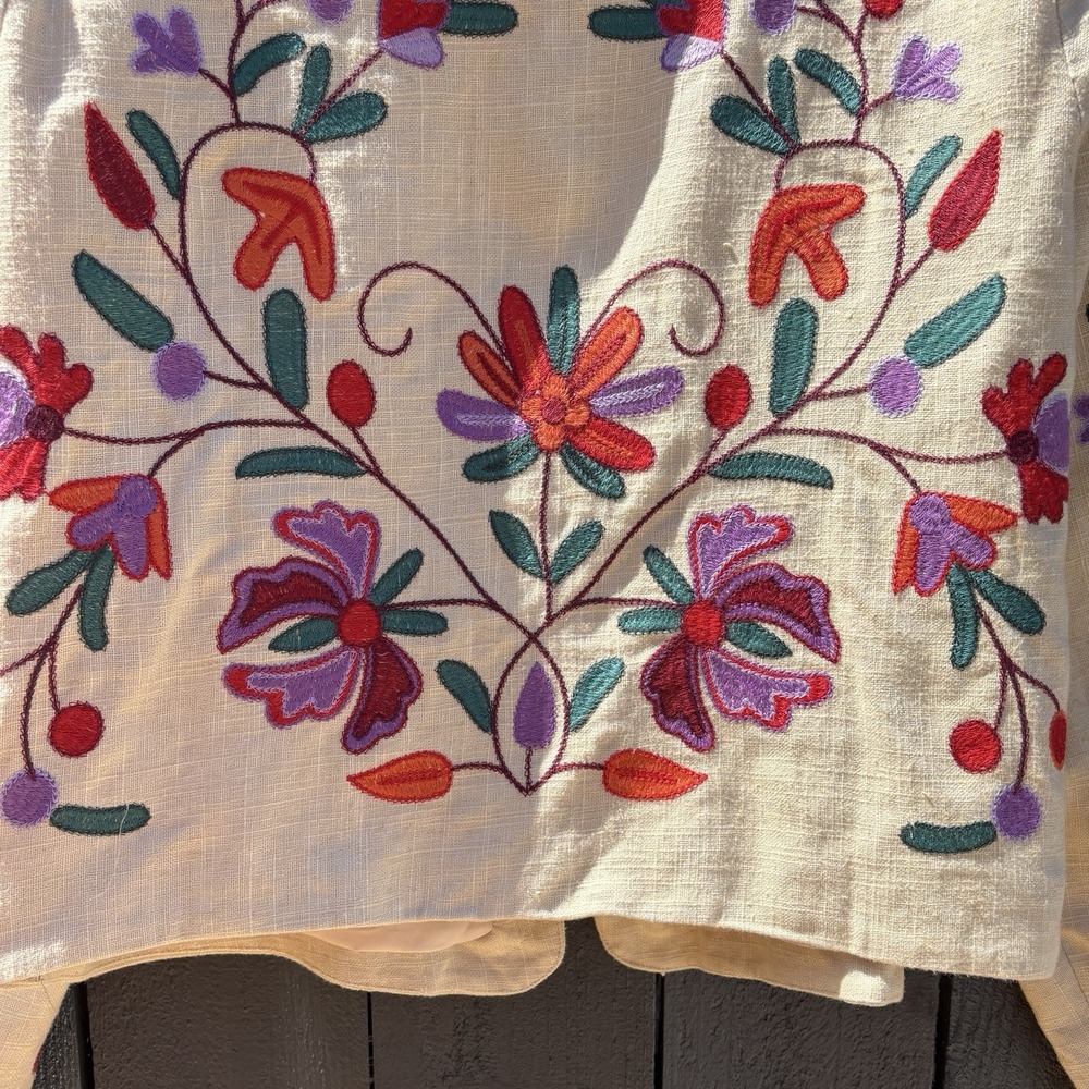 Anthropologie Dolan Boho Folk Art Embroidered Linen Blnd Jacket L Crop Floral - Picture 10 of 12